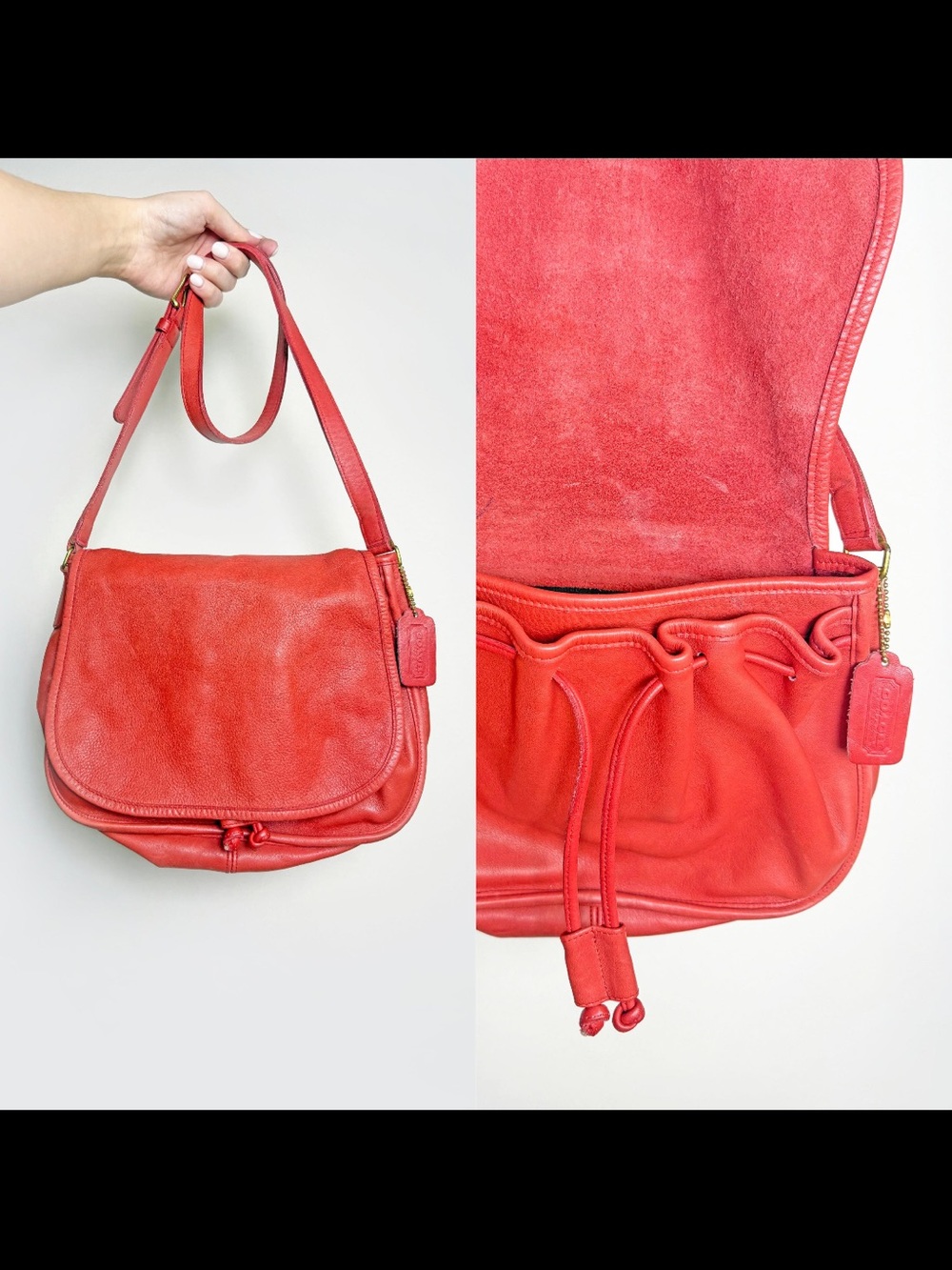 Coach Coral-Red Leather Drawstring Shoulder Bag
